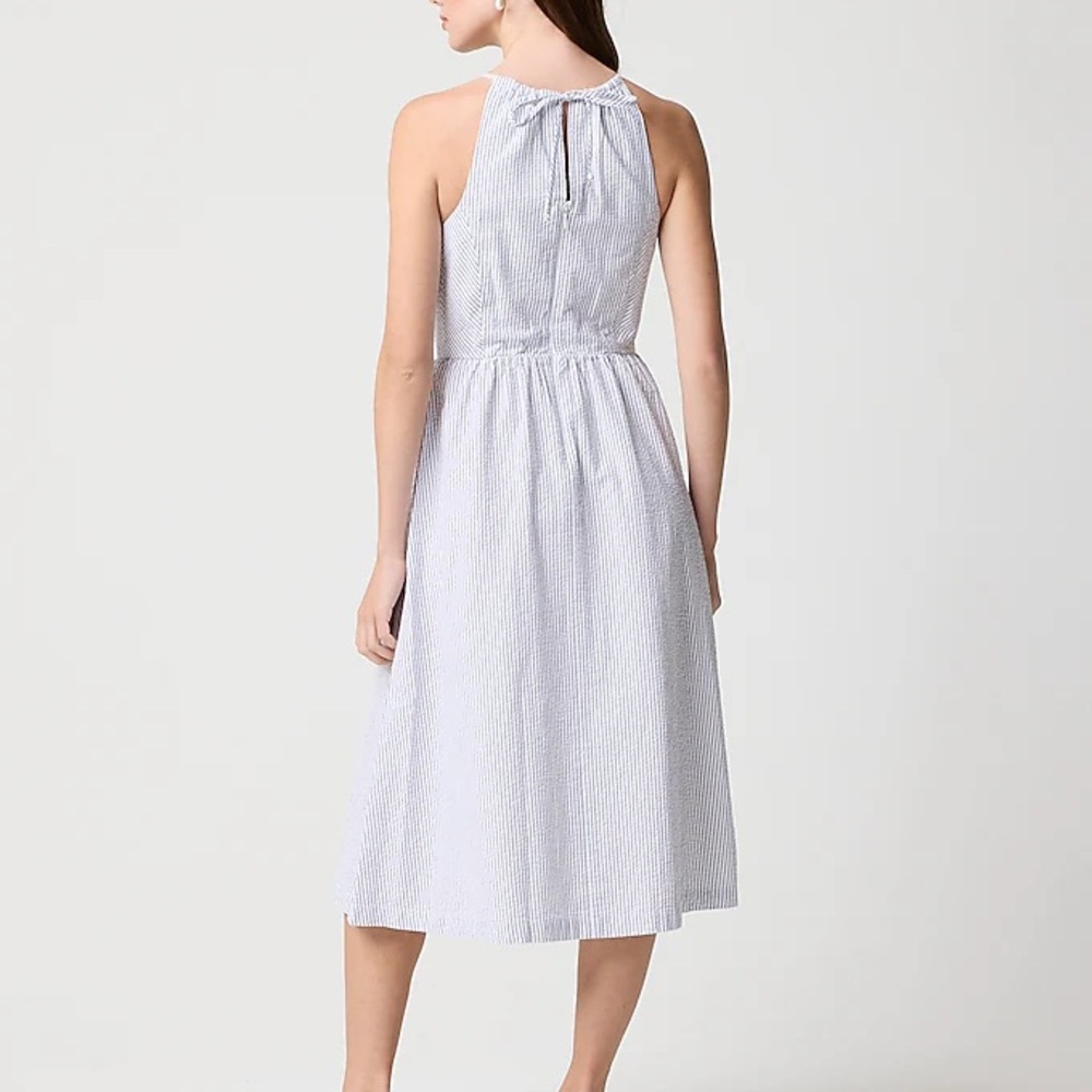J Crew seersucker midi dress; blue & white tie back zipper side pockets. Size 16